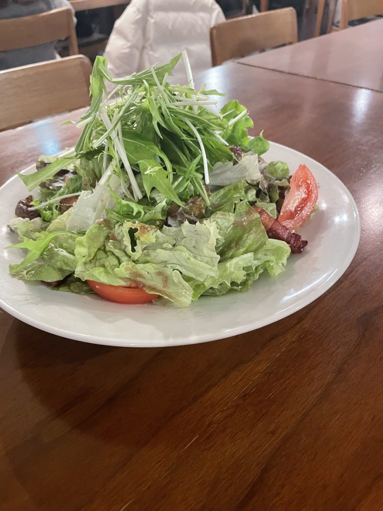 こんもりと盛り付けられた新鮮なグリーンサラダ。トマトや水菜が彩り豊かに並んでいる。