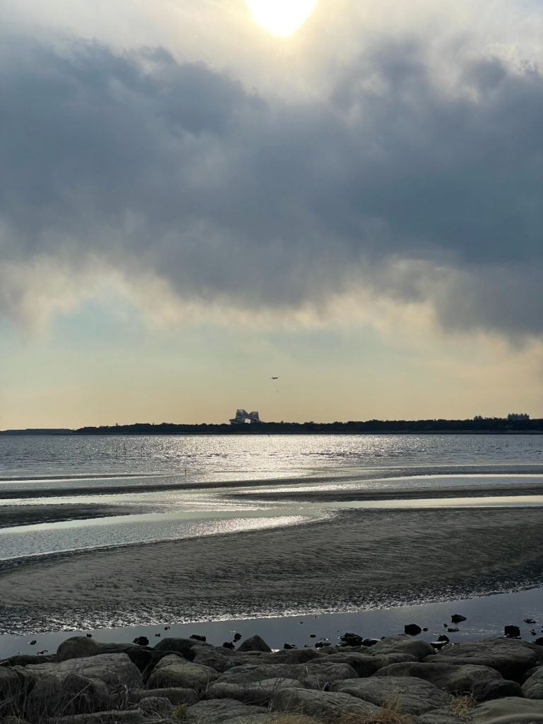 雲の間から太陽がのぞく干潟の風景と、遠くに見える東京ゲートブリッジ